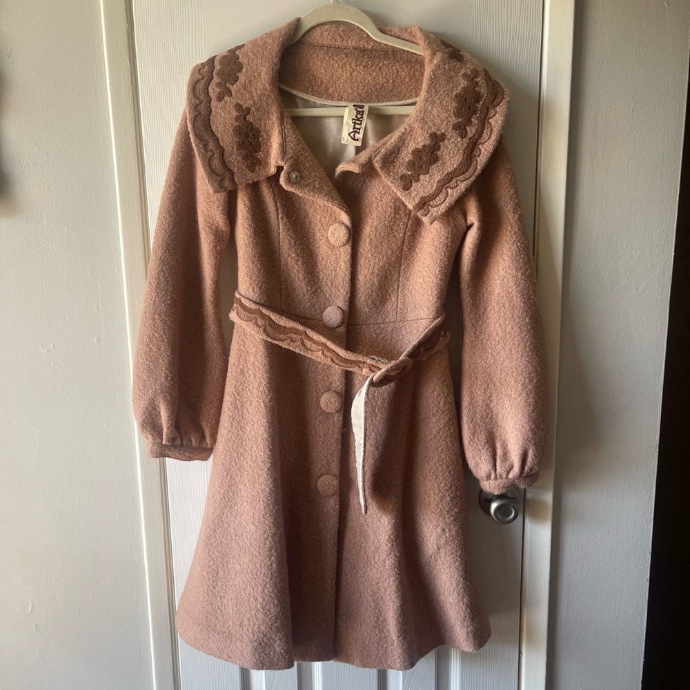 Artka Mauve Pea Coat with Belt Embroidery Vintage Style Cottagecore